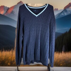 Lands' End Mens 2XL 50-52 Navy Cable Knit V Neck Pullover Cotton Sweater VTG
